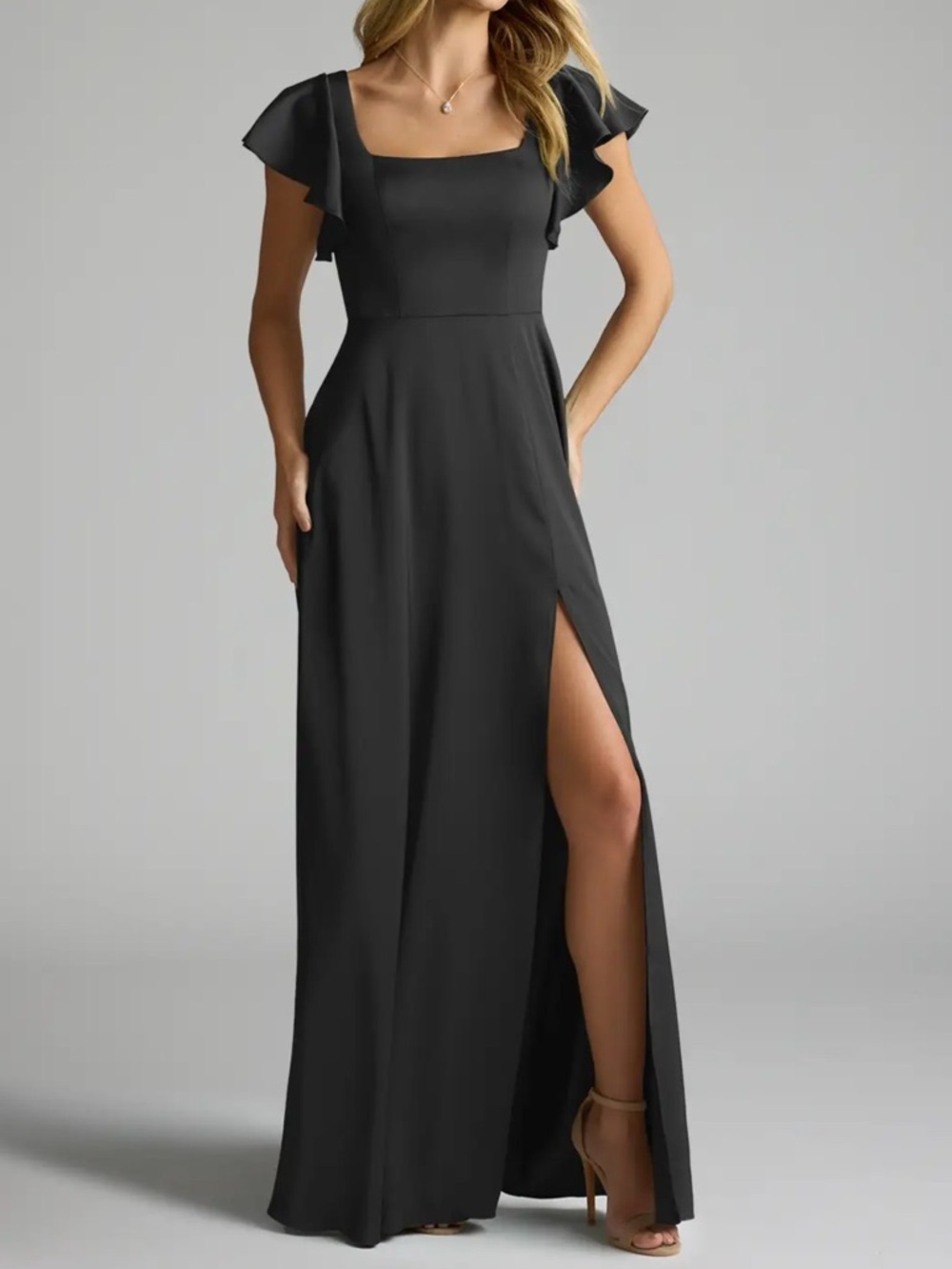 Azazie Black Maxi Dress with Flutter Sleeves